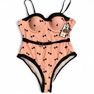 Retro Stage Pink & Black Bow Print One-Piece Vintage Style Swimsuit